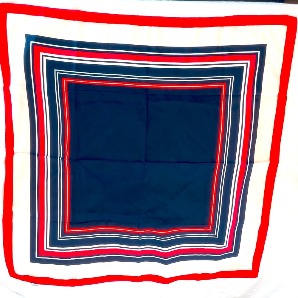 Red White  Navy Blue Color Block Silk Scarf